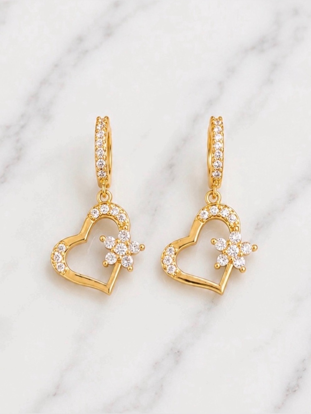 Gold Heart Dangle Hoop Earrings With White Rhinestone Accents